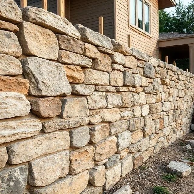 Mur en pierres séparant une maison et un espace voisin